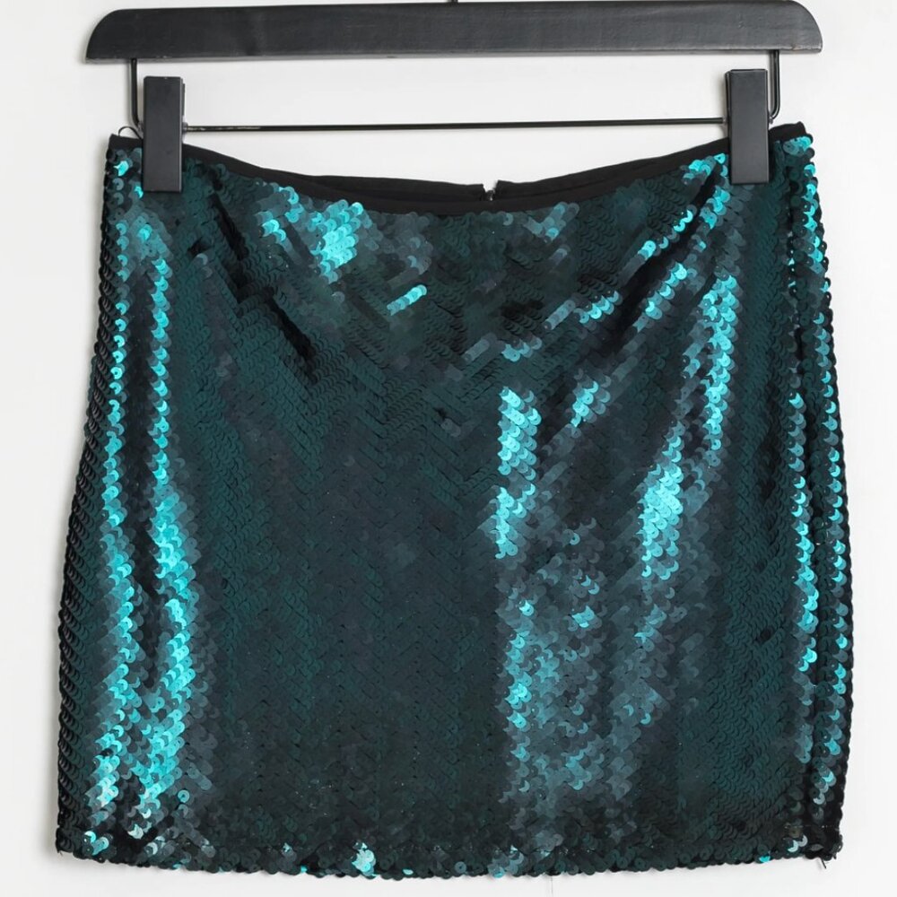 TEAL GREEN SEQUIN SKIRT IN CHEVRON PATTERN MANGO